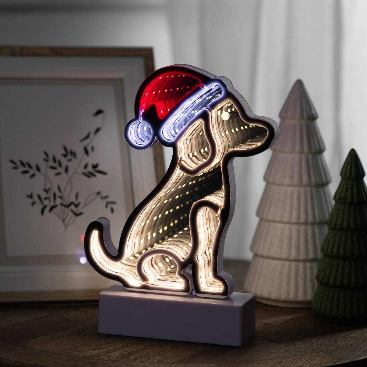 Northlight LED 3D Christmas Dog with Santa Hat Infinity Mirror - 8"